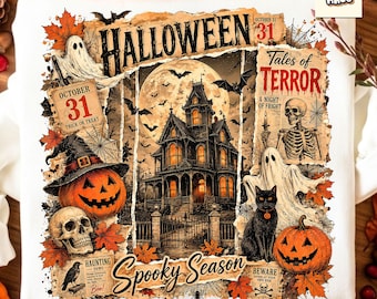 Spooky Season Halloween PNG, Haunted House Ghost Pumpkin Black Cat Vintage Halloween Digital Download, Sublimation Shirt Design