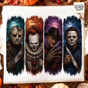 May include: A white t-shirt featuring a graphic print of four horror movie characters in vertical panels. The design includes a hockey-masked figure with a machete, a clown with a red balloon, a clawed figure in a hat, and a masked figure with a knife.