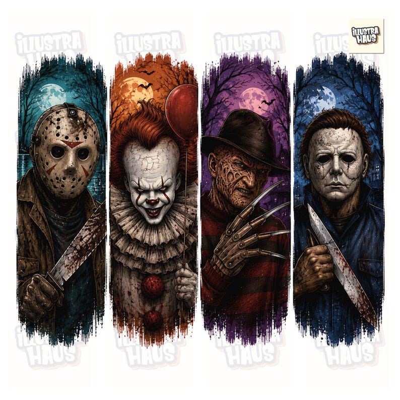 May include: A digital illustration featuring four horror movie characters in vertical panels: a hockey-masked figure with a machete, a clown holding a red balloon, a scarred figure with a clawed glove, and a masked man holding a knife. Text reads Illustra Haus.