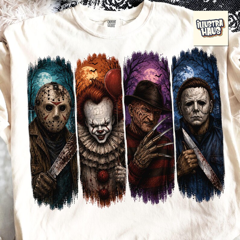 May include: A cream-colored t-shirt featuring a graphic print of four horror movie characters in vertical panels. The design includes Jason Voorhees with a machete, Pennywise with a red balloon, Freddy Krueger with clawed gloves, and Michael Myers with a knife.