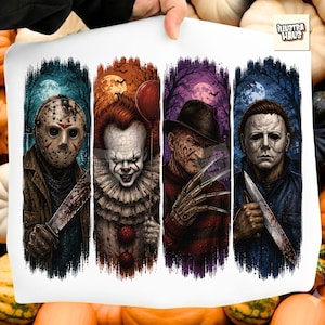 May include: A white fabric print featuring four vertical panels of horror movie characters: Jason Voorhees with a machete, Pennywise with a red balloon, Freddy Krueger with clawed gloves, and Michael Myers holding a knife, all under full moons.