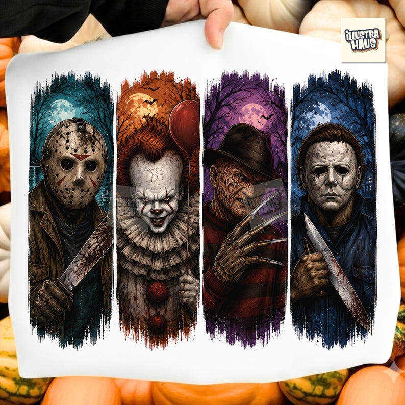 May include: A white fabric print featuring four vertical panels of horror movie characters: Jason Voorhees with a machete, Pennywise with a red balloon, Freddy Krueger with clawed gloves, and Michael Myers holding a knife, all under full moons.