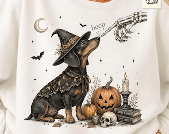 Halloween Dachshund PNG, Witch Dog Sublimation Design, Spooky Wiener Dog PNG, Halloween Dog Shirt, Pumpkin Skeleton Hand PNG