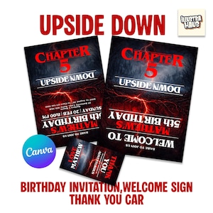 Könnte beinhalten: Ein Geburtstagseinladungsset mit einem dunklen Waldthema. Das Set enthält zwei Einladungen, ein Willkommensschild und eine Dankeskarte. Die Einladungen lauten "Kapitel 5" und "Upside Down". Der Text "Matthews 5. Geburtstag" ist ebenfalls sichtbar.