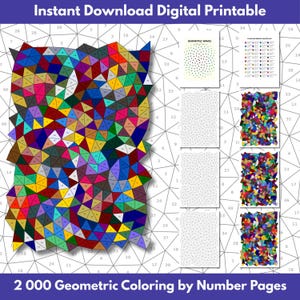 Könnte beinhalten: Digitaler Druck mit geometrischen Malvorlagen. Das Bild zeigt ein großes, farbenfrohes geometrisches Design mit nummerierten Abschnitten sowie kleinere Beispiele und Referenzblätter. Der Text lautet "Instant Download Digital Printable" und "2 000 Geometric Coloring by Number Pages."