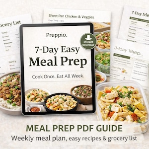 Puede incluir: Imagen de una guía en PDF de preparación de comidas con el texto "7-Day Easy Meal Prep". La imagen incluye una tableta, hojas de planificación de comidas, una lista de compras y recipientes con comidas preparadas. La guía promete recetas fáciles y un plan de comidas semanal.