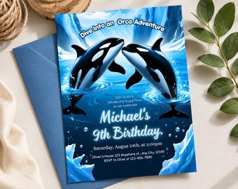 Invitación de cumpleaños con temática de orcas, invitación para fiesta temática oceánica, bajo el mar (descarga digital)