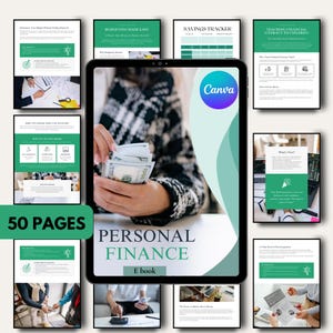 May include: A digital personal finance ebook with 50 pages, displayed on a tablet. The cover reads "Personal Finance Ebook" with a woman holding cash. Surrounding pages cover budgeting, savings, and financial literacy.