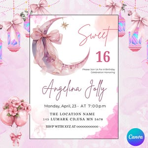 May include: A Sweet 16 birthday invitation with a watercolor design. The invitation features a crescent moon with a bow, the text "Sweet 16", and the name "Angelina Jolly". The invitation includes the date, time, and location.