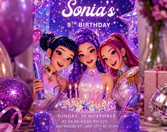 Invito di compleanno a tema anime Kpop, modello modificabile su Canva, festa a tema pop star scintillante, download digitale, biglietto di compleanno stampabile per bambini.