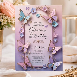 Könnte beinhalten: Eine rechteckige Einladungskarte mit einem rosa-violetten Farbverlauf, verziert mit blauen und rosa Schmetterlingen in 3D-Optik sowie kleinen Blumen. Der Text lautet: YOU ARE INVITED TO Olivia's 1st Birthday SAT 28 OCT AT 3:00PM THE GARDEN HOUSE.