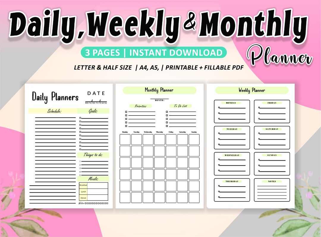 Daily Planner Printable | Weekly Monthly Organizer | A4 Size ...