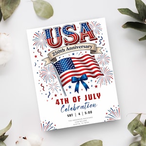 May include: A rectangular invitation card featuring the text USA 250th Anniversary, 4TH OF JULY Celebration, SAT | 4 | 5:00, and THE ANDERSON BACKYARD 1238 BOLANE AUSTIN, TX 78701. The design includes a waving American flag, a blue bow, and fireworks.