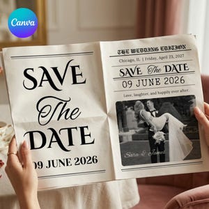 以下が含まれることがあります： 「SAVE The DATE」のタイトルと「09 JUNE 2026」の日付が入った新聞スタイルの結婚発表。カップルの白黒写真と「Sara & James」の名前も含まれています。「Love, laughter, and happily ever after」のテキストも含まれています。