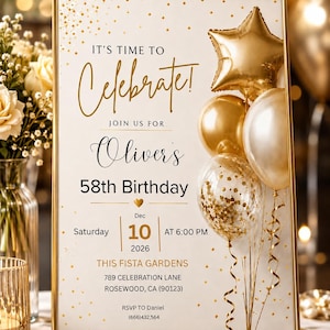Könnte beinhalten: Ein rechteckiges Geburtstagsschild in einem goldenen Rahmen mit goldenem Konfetti, einem sternförmigen Ballon und runden Ballons. Der Text lautet: IT'S TIME TO Celebrate! JOIN US FOR Oliver's 58th Birthday Saturday Dec 10 2026 AT 6:00 PM THIS FISTA GARDENS 789 CELEBRATION LANE ROSEWOOD, CA (90123) RSVP TO Daniel (666)432,564.
