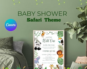 Safari Baby Shower Invitation Template | Jungle Animals, Greenery (Digital Download)