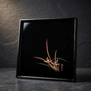 Vintage Japanese Traditional Urushi Obon Square Lacquerware Decorative Tray Orchid Art Elegant Black Tray Handpainted Collectible Art