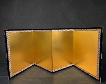 Japanese Gold Leaf Folding Screen Byobu 4 Panel Traditional Wall Art, Reversible Zen Room Divider, Handcrafted Home Decor, 24" High