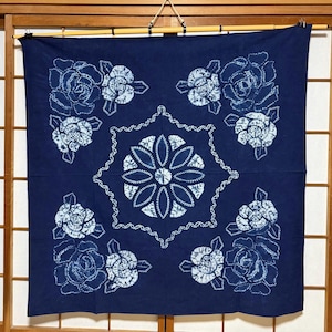 Vintage japansk traditionell indigo Shibori textilkonst Furoshiki gobeläng stor bomullsomslagsduk, 102 x 102 cm djupblå blommig