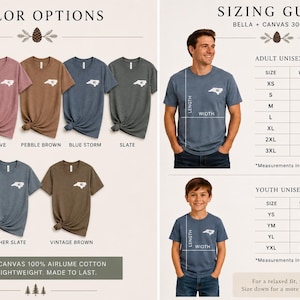 K&ouml;nnte beinhalten: Eine Kollektion von Bella + Canvas 3001CVC Kurzarm-T-Shirts in Heather Dust, Mauve, Pebble Brown, Blue Storm, Slate und Vintage Brown, jeweils mit einer kleinen wei&szlig;en Grafik des Umrisses von North Carolina auf der linken Brustseite.