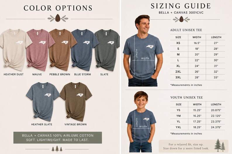 K&ouml;nnte beinhalten: Eine Kollektion von Bella + Canvas 3001CVC Kurzarm-T-Shirts in Heather Dust, Mauve, Pebble Brown, Blue Storm, Slate und Vintage Brown, jeweils mit einer kleinen wei&szlig;en Grafik des Umrisses von North Carolina auf der linken Brustseite.