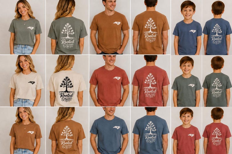 K&ouml;nnte beinhalten: Eine Kollektion von kurz&auml;rmeligen T-Shirts in verschiedenen Farben, jeweils mit dem Umriss des Bundesstaates North Carolina auf der linken Brust und einem gro&szlig;en Motiv auf dem R&uuml;cken, das einen Kiefernbaum mit Wurzeln und den Text Rooted in the Pines zeigt.