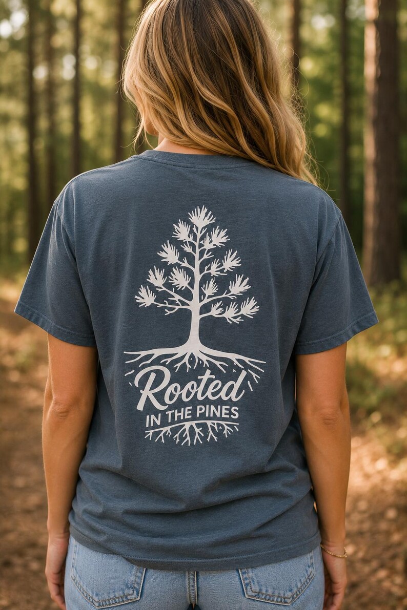 K&ouml;nnte beinhalten: Ein schieferblaues Kurzarm-T-Shirt mit einer wei&szlig;en Grafik auf der R&uuml;ckseite. Das Design zeigt eine Kiefer mit sichtbaren Wurzeln und den Text "Rooted IN THE PINES", der in wei&szlig;er Schrift unter der Baumillustration gedruckt ist.