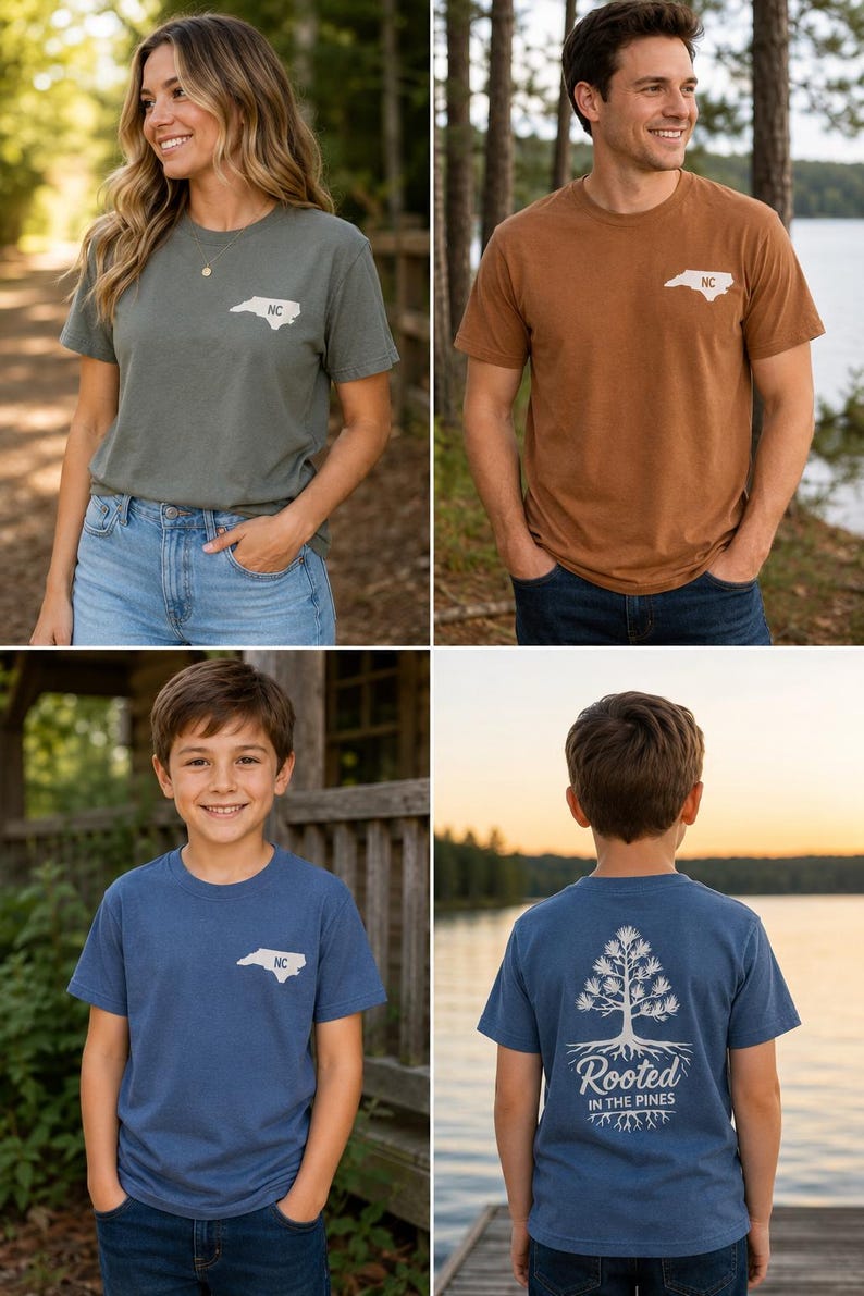 K&ouml;nnte beinhalten: Eine Kollektion von kurz&auml;rmeligen T-Shirts mit Rundhalsausschnitt in Olivgr&uuml;n, Braun und Blau. Jedes Shirt zeigt auf der Brust eine kleine wei&szlig;e Grafik des Umrisses von North Carolina. Das blaue Shirt hat eine gro&szlig;e wei&szlig;e Kieferngrafik auf dem R&uuml;cken.