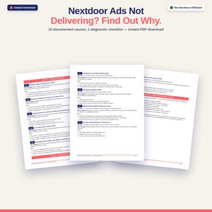 Könnte beinhalten: Ein digitales Dokument mit dem Titel Nextdoor Ads Not Delivering? Find Out Why. Es enthält 16 dokumentierte Ursachen und eine Diagnose-Checkliste zur Fehlerbehebung bei Werbeanzeigen auf drei weißen Seiten mit blauem Text.
