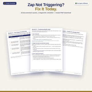 May include: A digital document titled Zap Not Triggering? Fix It Today. It includes 16 documented causes and a diagnostic checklist for troubleshooting automation workflows. The pages feature tables and lists with dark blue text on white paper.