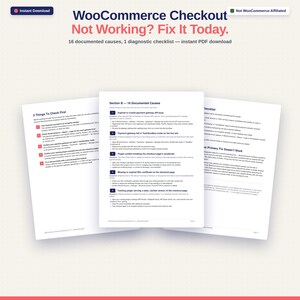 Peut inclure: Un guide PDF numérique intitulé WooCommerce Checkout Not Working? Fix It Today. Le document comprend 16 causes documentées et une liste de contrôle de diagnostic pour résoudre les problèmes de paiement e-commerce sur trois pages.