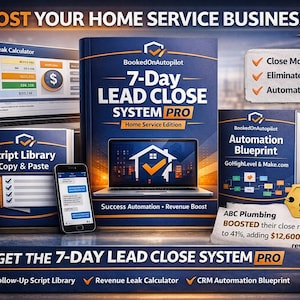 May include: An advertisement for a home service business system. It features a laptop, a smartphone, books, and a calculator. The text includes "7-Day Lead Close System Pro" and "Boost Your Home Service Business!"
