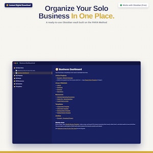 Può includere: Un'interfaccia digitale per una dashboard aziendale visualizzata su uno schermo. Il testo recita: Organize Your Solo Business In One Place. A ready-to-use Obsidian vault built on the PARA Method. La dashboard include sezioni per Projects, Areas, Resources, Templates e Archive.