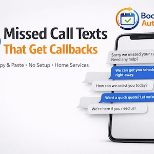 Op de afbeelding: Een advertentie voor "BookedOn Autopilot" toont een smartphone met voorbeeldtekstberichten om teruggebeld te worden. De tekst luidt "5 gemiste oproepteksten die terugbellen". Extra tekst omvat "Kopiëren en plakken. Geen installatie. Thuisdiensten."
