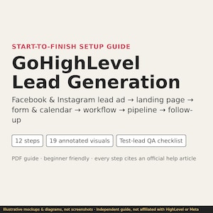 Può includere: Una guida digitale intitolata Start-to-Finish Setup Guide GoHighLevel Lead Generation. Descrive un processo dagli annunci Facebook e Instagram al follow-up, con 12 passaggi, 19 immagini annotate e una lista di controllo per il controllo qualità.