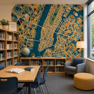 May include: A library interior with a large, colourful map of New York City on the wall. Bookshelves, a table with books, chairs, and a reading nook with an armchair and ottoman are visible. The wall art has a geometric design.
