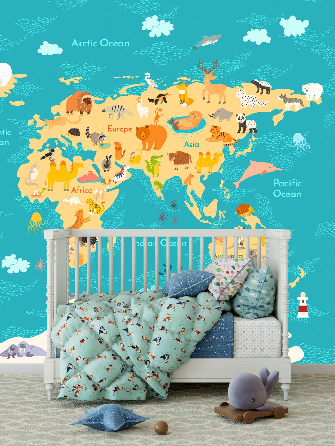 Animal World Map Wallpaper | Kids Nursery Peel and Stick Decal - Etsy