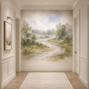 May include: A wall mural featuring a watercolour landscape painting of a winding path through a grassy field with scattered trees under a soft blue and beige sky, installed on the end wall of a hallway with white wainscoting and trim.