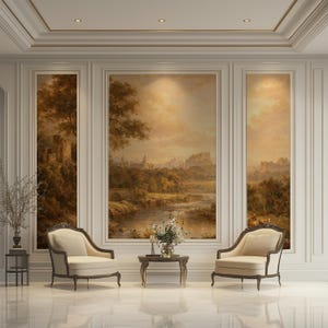 May include: A classically designed interior with three landscape paintings in warm tones. Two cream armchairs with dark wood frames and a small table with flowers are placed in front of the paintings. The room has a polished floor.