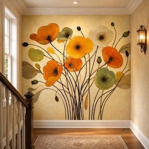 May include: A wall mural featuring a watercolor painting of vibrant poppies in shades of orange, yellow, and white. The floral arrangement includes green leaves and dark stems against a textured, beige background. The artwork is displayed in a hallway.