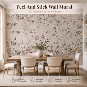 May include: A peel and stick wall mural featuring a self-adhesive canvas wallpaper with a botanical pattern of delicate vines, pink and white flowers, and green leaves on a light beige background, displayed behind a wooden dining table.