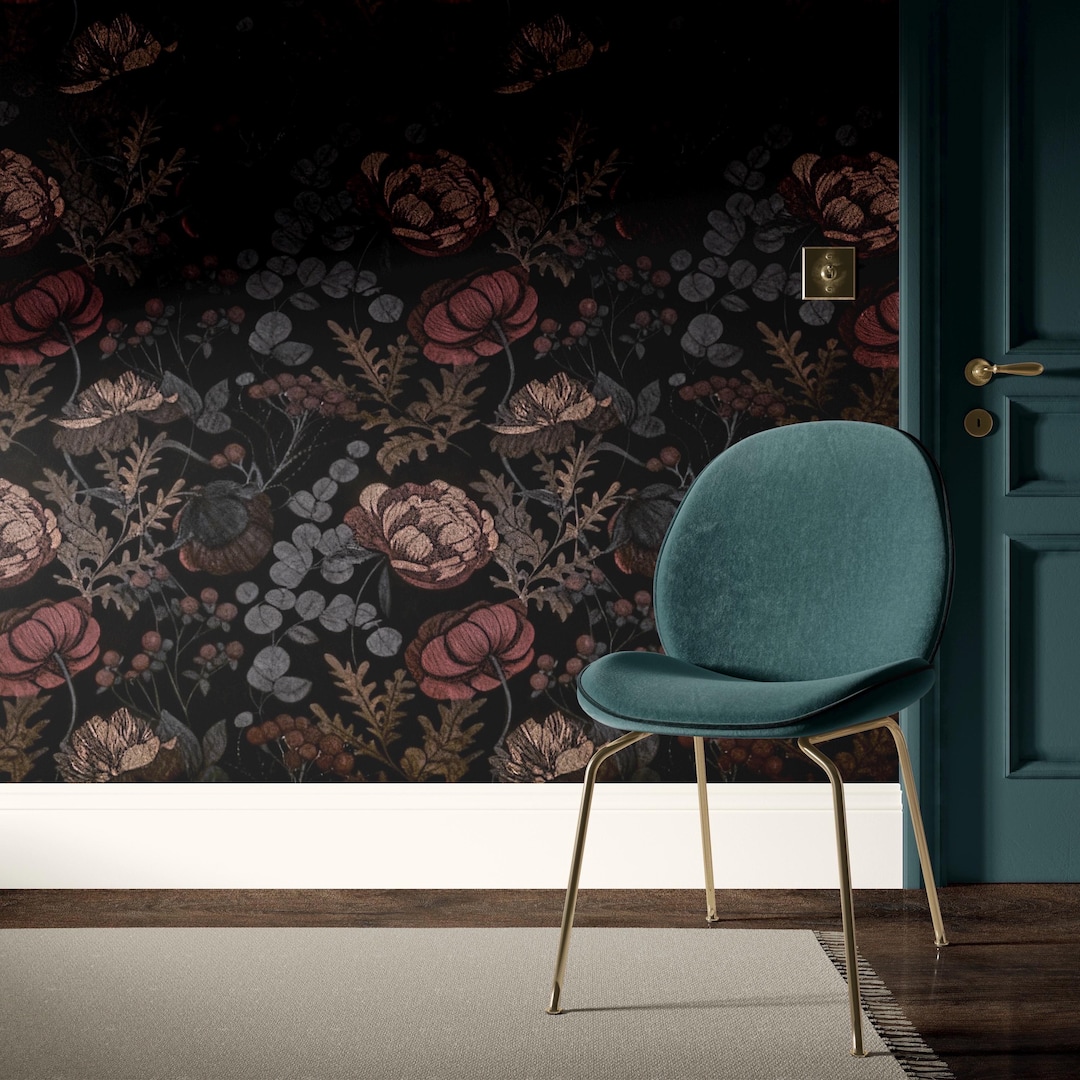 Dark Botanical Wallpaper | Vintage Floral Peel and Stick Wall Mural ...
