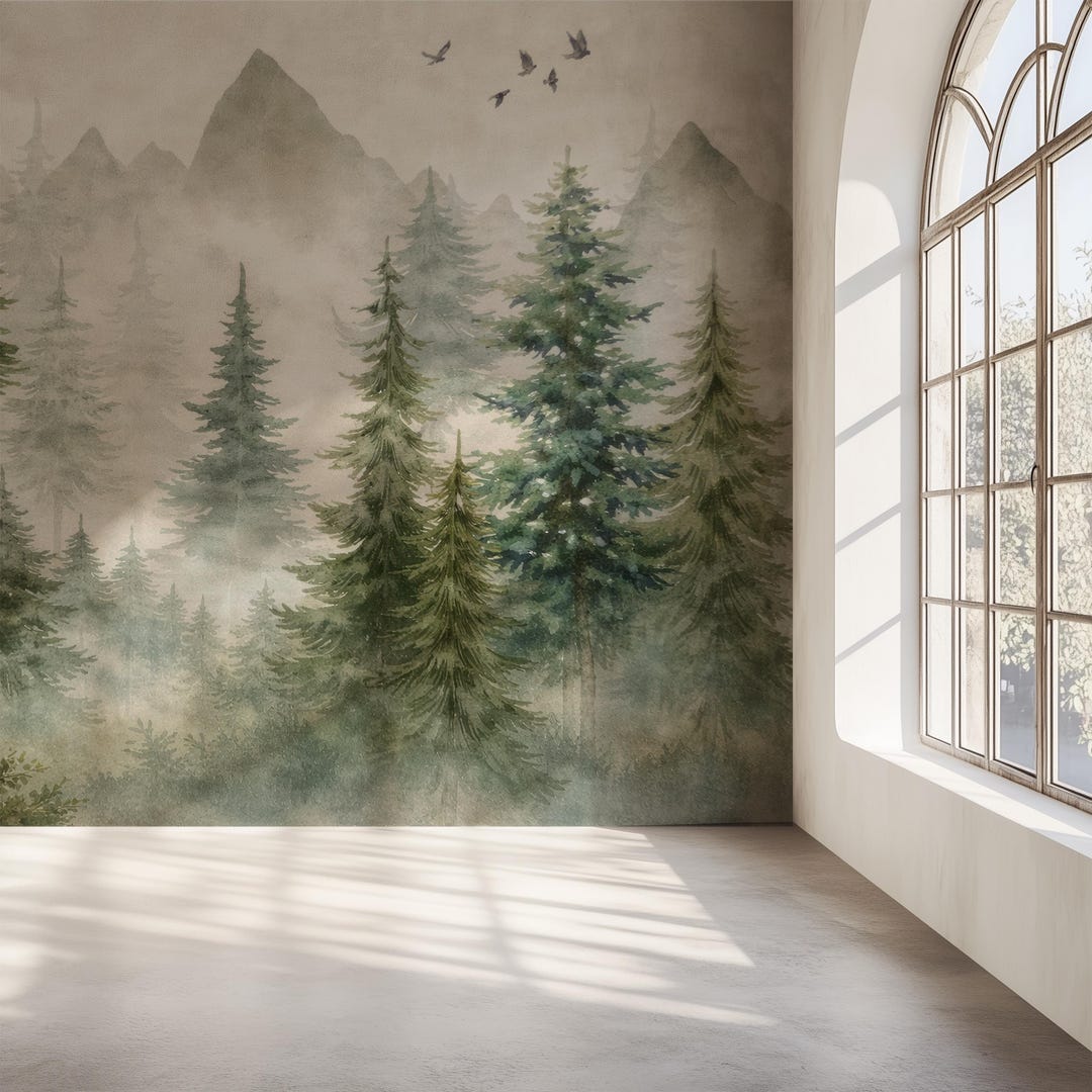 Misty Forest Wallpaper Mural | Peel and Stick Canvas - Etsy