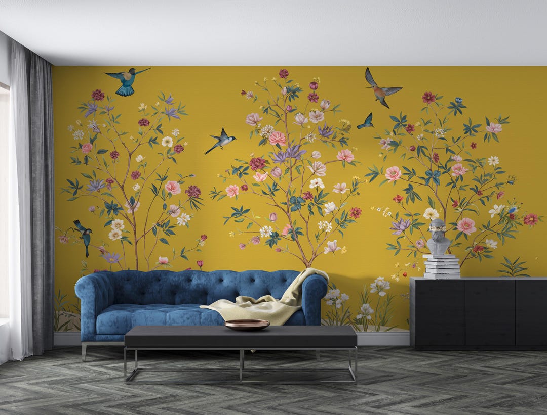 Floral Bird Wallpaper Mural | Canvas Peel and Stick, Custom Colors - Etsy