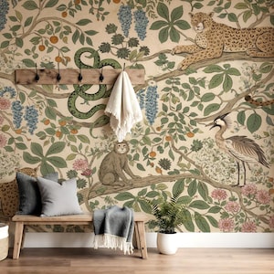 Papel de parede vintage com animais da selva, estampa de leopardo, macaco, cobra e galhos botânicos.