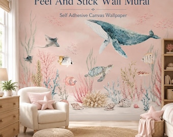 Watercolor Ocean Whale Wallpaper Mural, Peel and Stick Under the Sea Nursery Wall Mural