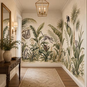 May include: A wall mural featuring a jungle scene with lemurs and sloths amidst green palm leaves and tropical plants. The wallpaper covers two walls in a hallway, displaying various primates in shades of gray and brown against a light background.