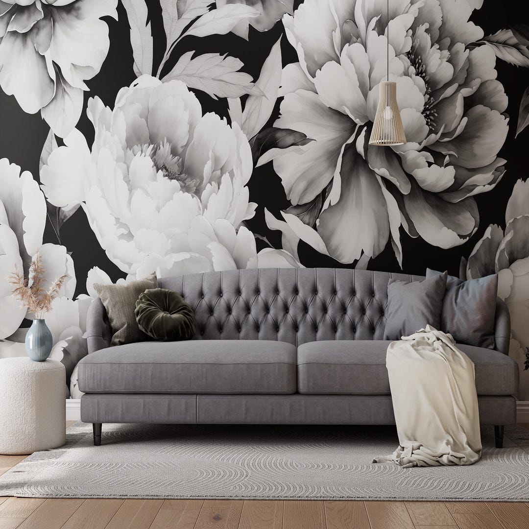 Black and White Peonies Peel and Stick Wallpaper | Eco-friendly Floral ...