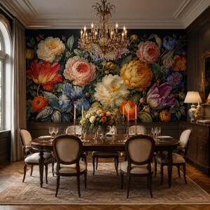 May include: A dining room featuring an oval wooden table with six upholstered chairs, a large floral wall mural with vibrant peonies and tulips, a crystal chandelier, and a centrepiece arrangement of flowers on the table surface.