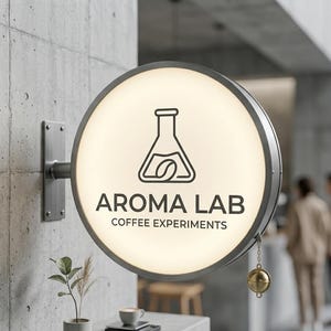 Puede incluir: Un letrero redondo e iluminado con el texto "AROMA LAB COFFEE EXPERIMENTS" en negro. El letrero presenta un dibujo lineal negro de un matraz con un grano de café en su interior. Una pequeña bola decorativa dorada cuelga del letrero.
